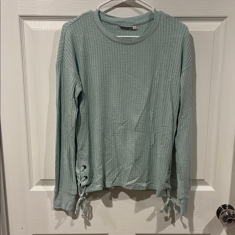 Like New! Mint Green Waffle Knit Sweater with Lace-Up Sides